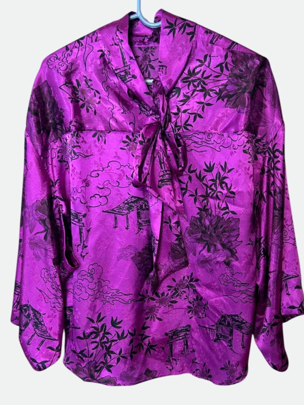 Zara purple satin tie neck blouse with kimono sleeves, size S